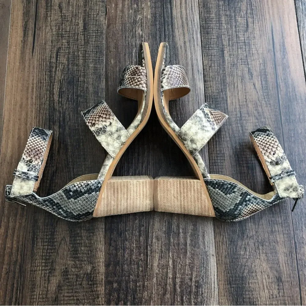 Frye & Co Ankle Strap Leather Sandal Block Heel Snakeskin Size 8.5 Gray Brown